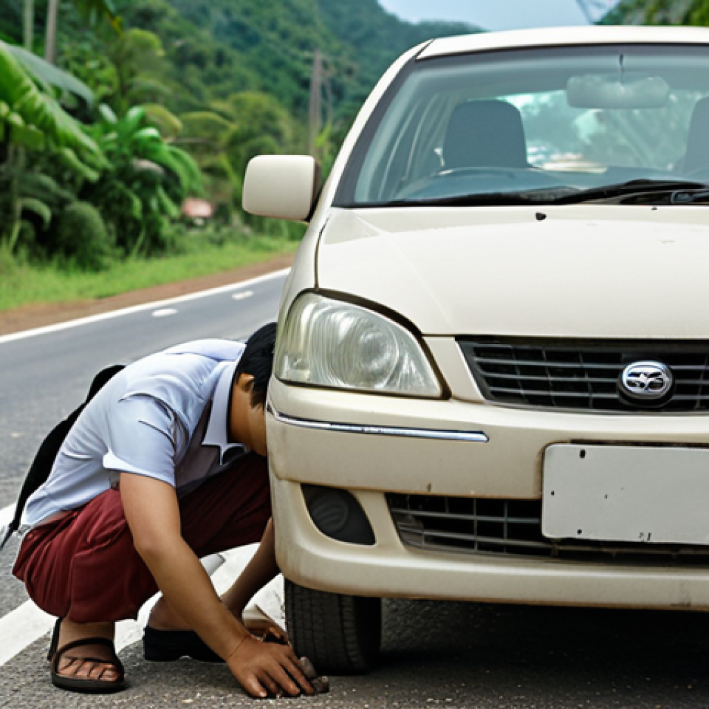 A worried Thai person looking at a broken down car on the side of the road at the end of the month, emphasizing financial strain.