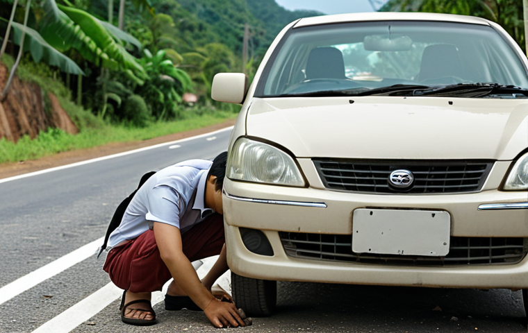 A worried Thai person looking at a broken down car on the side of the road at the end of the month, emphasizing financial strain.