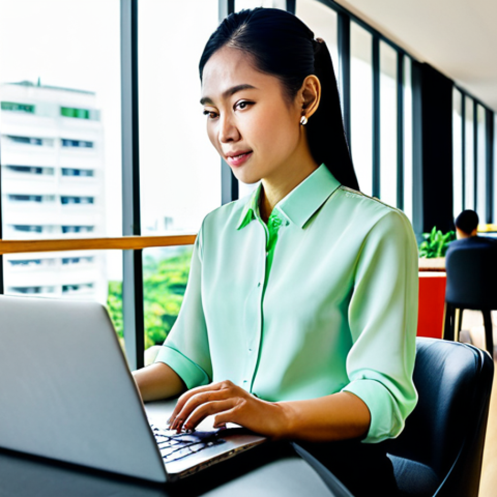 Savvy Businesswoman**

"A confident Thai businesswoman in a modern, high-necked silk blouse and tailored trousers, working on a laptop in a vibrant Bangkok co-working space, fully clothed, appropriate content, safe for work, perfect anatomy, natural proportions, professional, family-friendly, high-resolution"

**