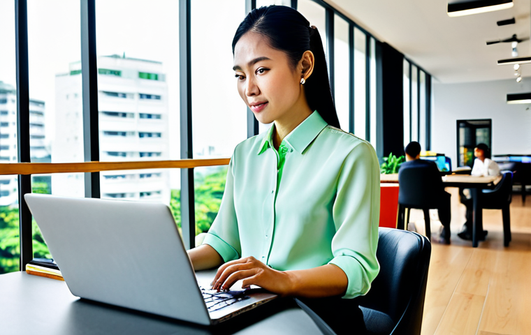 Savvy Businesswoman**

"A confident Thai businesswoman in a modern, high-necked silk blouse and tailored trousers, working on a laptop in a vibrant Bangkok co-working space, fully clothed, appropriate content, safe for work, perfect anatomy, natural proportions, professional, family-friendly, high-resolution"

**