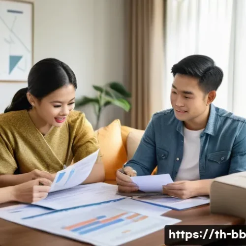 비상 재무계획의 투자 원칙 - A modern Thai family in a cozy living room setting, discussing financial planning with documents and...