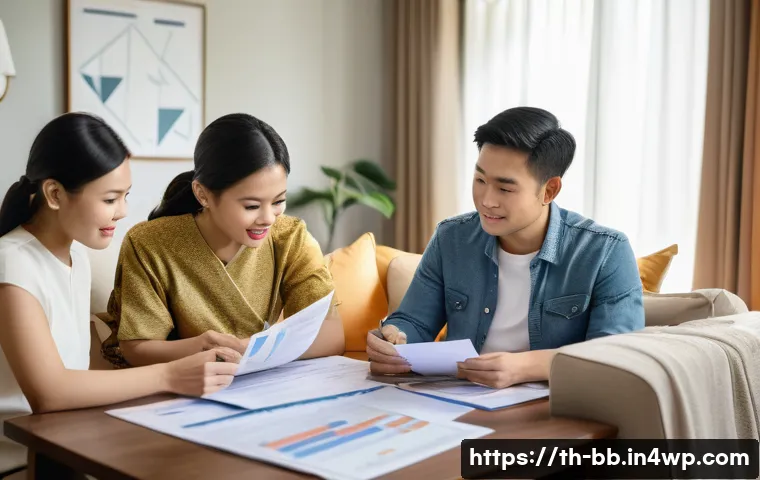 비상 재무계획의 투자 원칙 - A modern Thai family in a cozy living room setting, discussing financial planning with documents and...