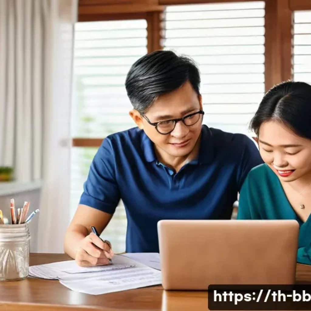 비상 재무계획의 내구성 평가 - A detailed scene of a Thai family at home managing their emergency fund planning, showing a middle-a...