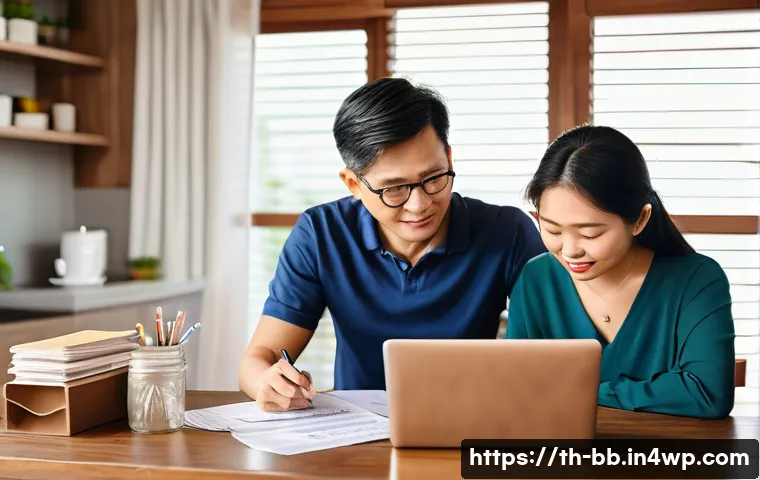 비상 재무계획의 내구성 평가 - A detailed scene of a Thai family at home managing their emergency fund planning, showing a middle-a...
