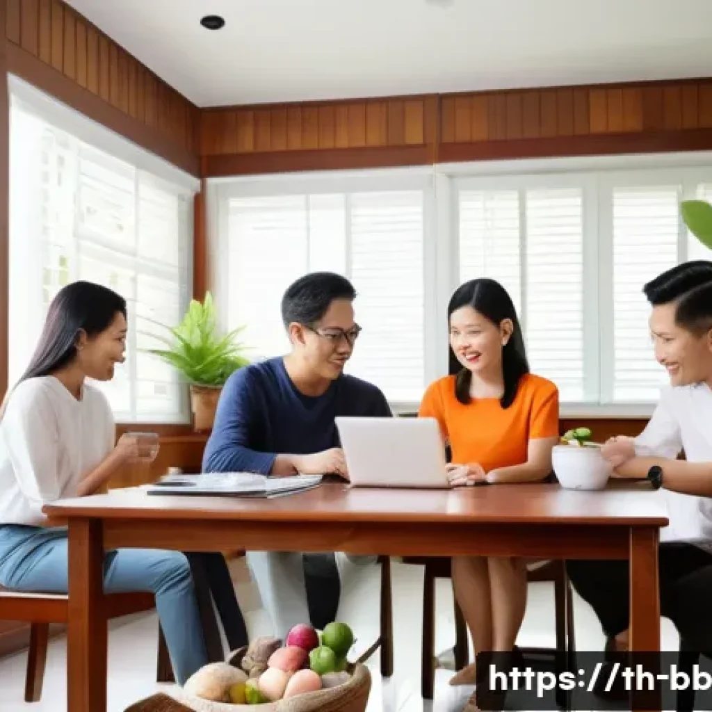 비상 재무계획의 유연성 확보 방법 - A modern Thai family gathered around a wooden dining table in a bright, cozy home, engaged in a fina...