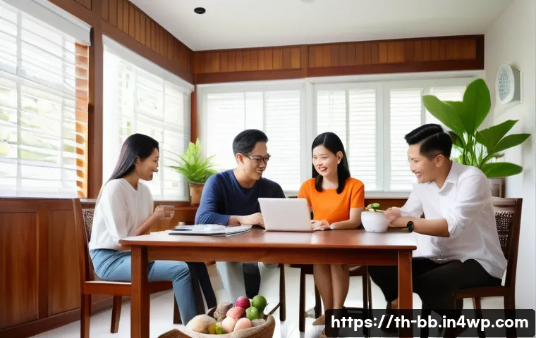 비상 재무계획의 유연성 확보 방법 - A modern Thai family gathered around a wooden dining table in a bright, cozy home, engaged in a fina...