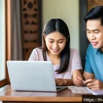 비상 재무계획을 위한 온라인 자료 활용 - A modern Thai family sitting at a wooden dining table in a cozy home, using a laptop and smartphone ...